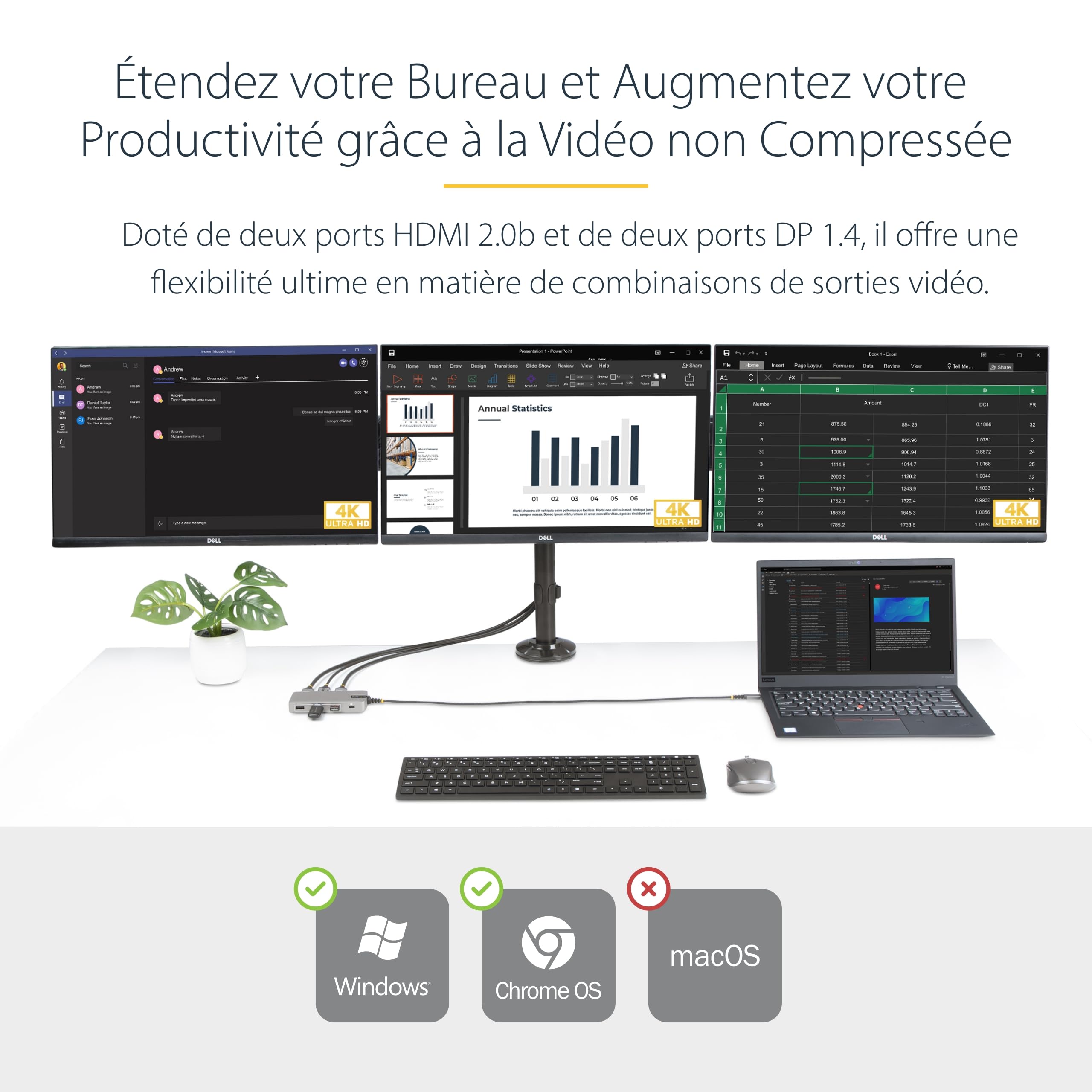 startech-com-station-d-accueil-usb-c-triple-4k-hdmi-displayport-100w-gbe image 2