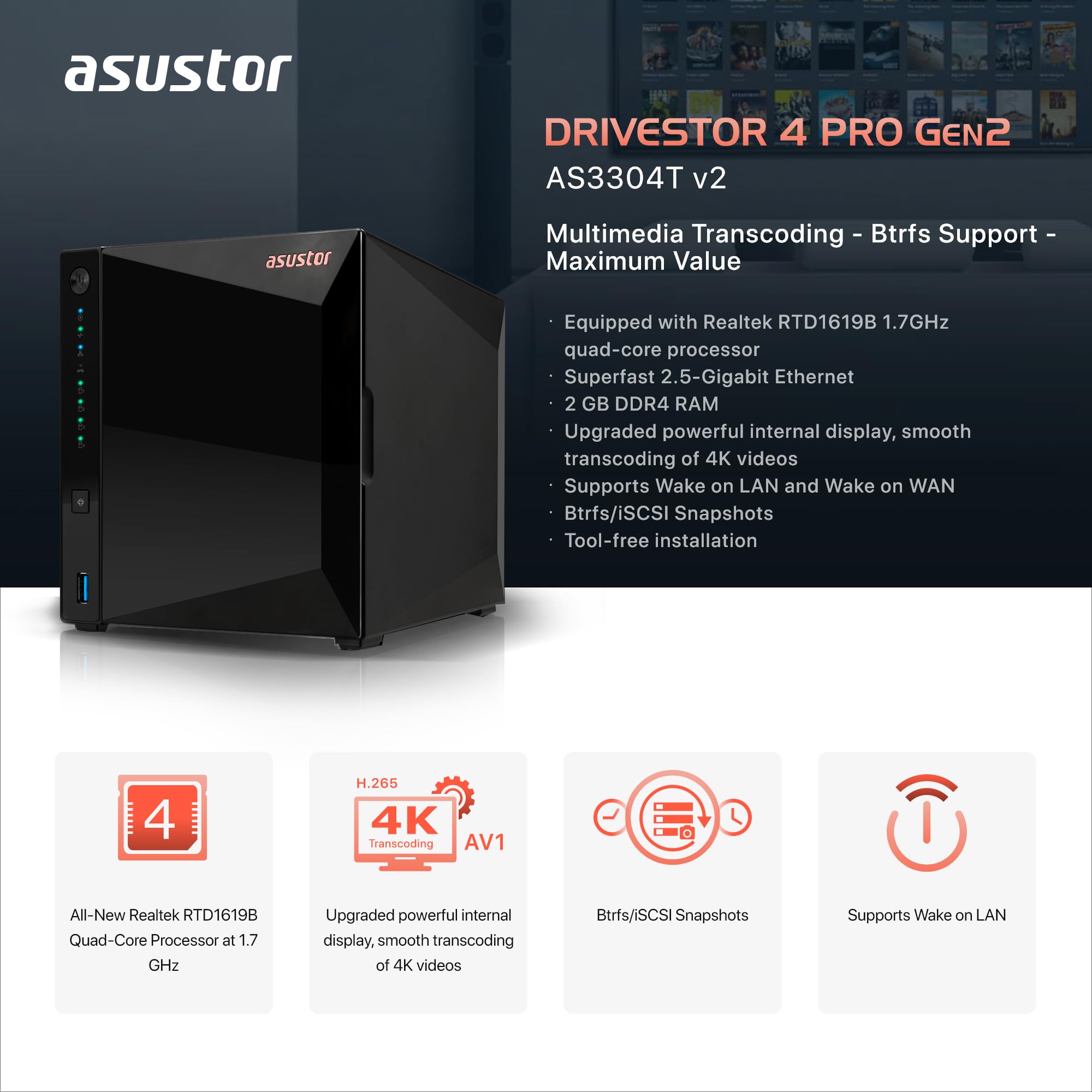 asustor-drivestor-4-pro-gen2-as3304t-v2-nas-4-baies-2-5-gbe-quad-core-diskless image 2