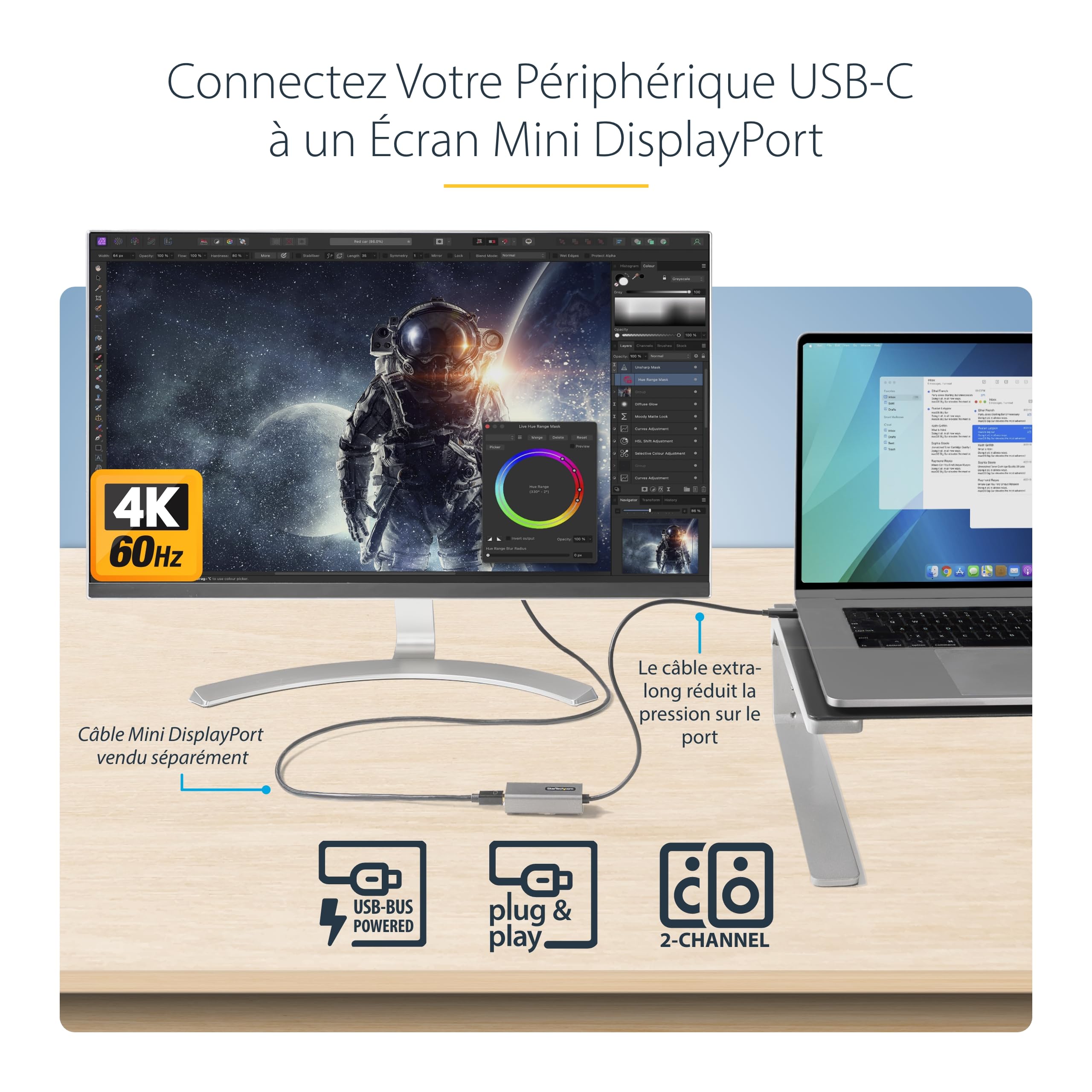 startech-com-adaptateur-usb-c-vers-mini-displayport-4k-60hz-c-ble-30cm image 2