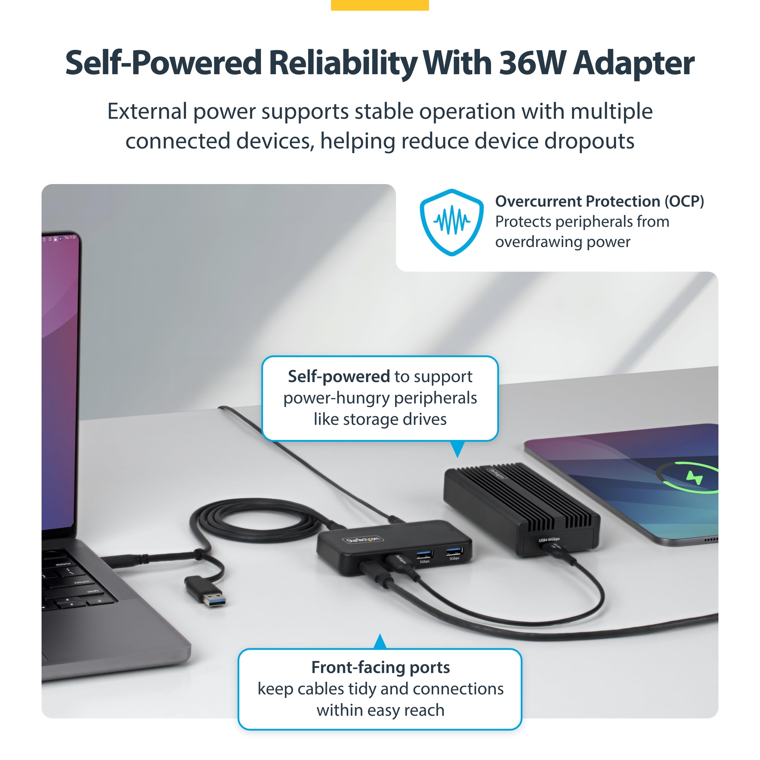 startech-com-hub-usb-a-4-ports-5-gbps-avec-charge-bc-1-2-et-adaptateur-24-w image 4
